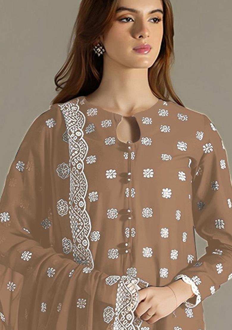 Beige Embroidered Georgette Salwar Suit