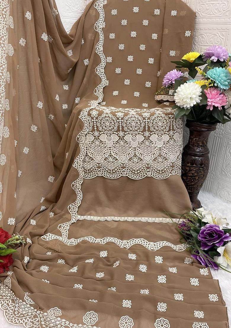 Beige Embroidered Georgette Salwar Suit