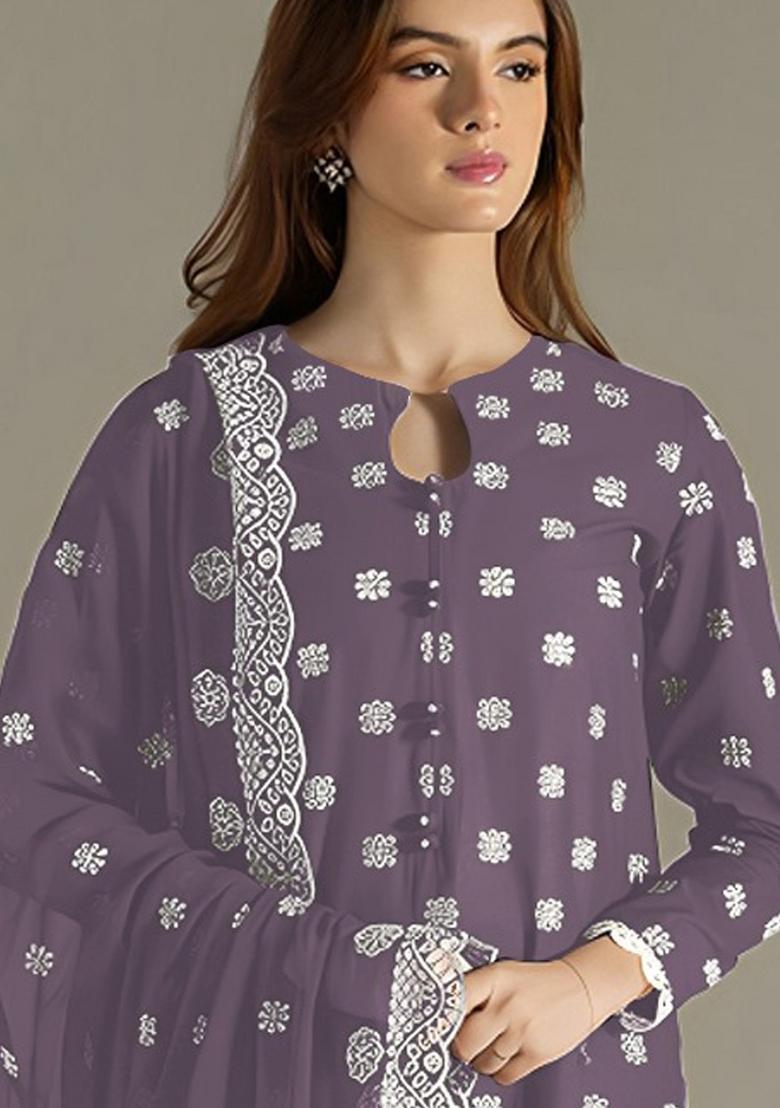 Lilac Embroidered Georgette Salwar Suit - Indya