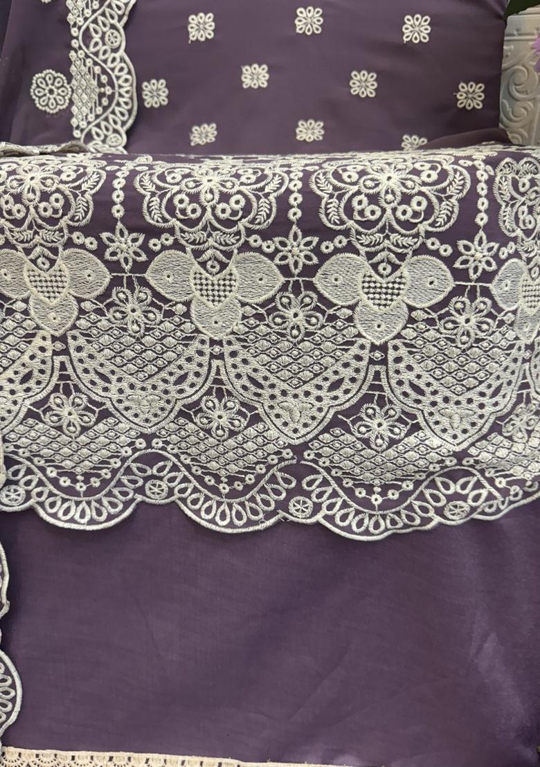 Lilac Embroidered Georgette Salwar Suit - Indya