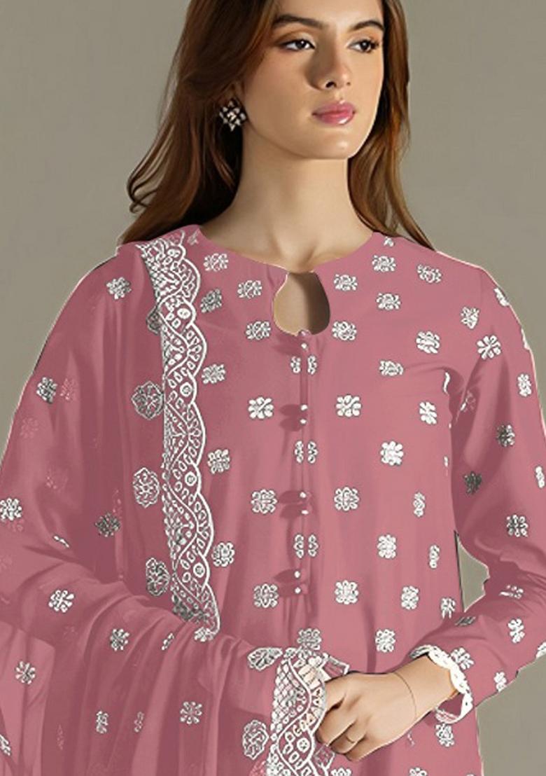 Pink Embroidered Georgette Salwar Suit - Indya