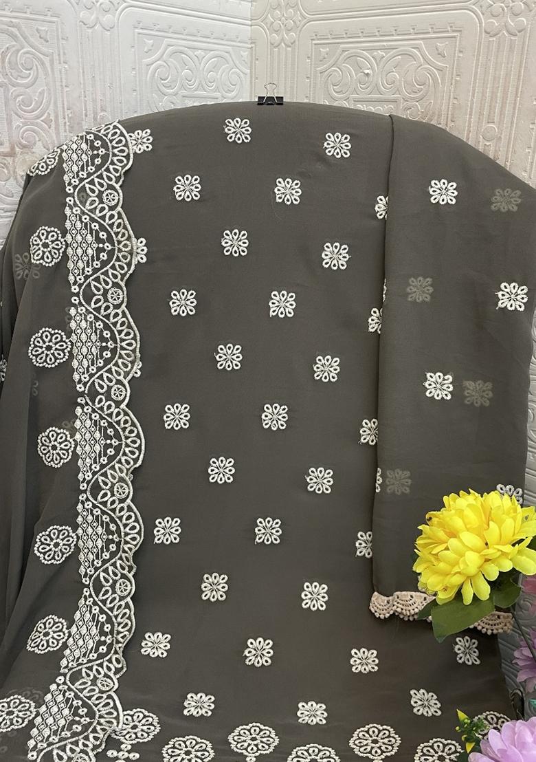 Grey Embroidered Georgette Salwar Suit - Indya