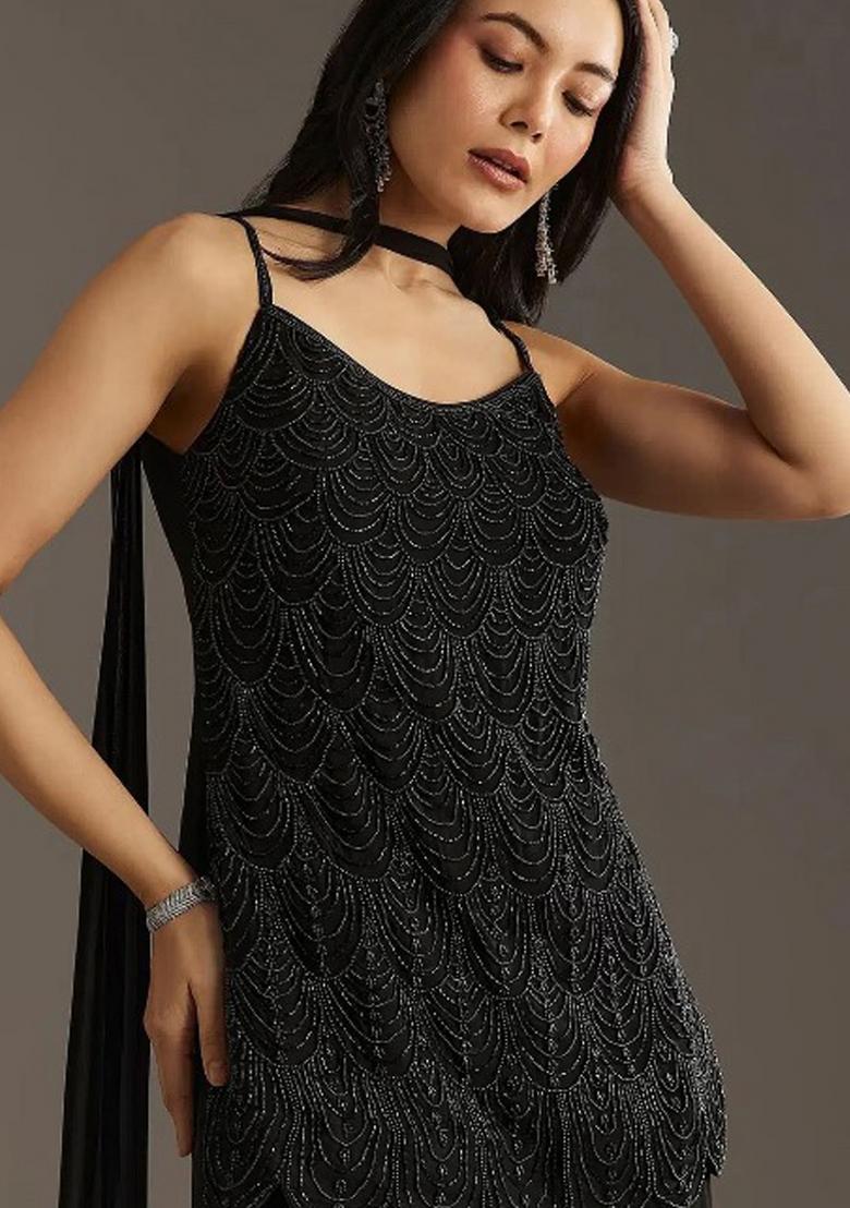 Black Embroidered Georgette Salwar Suit - Indya