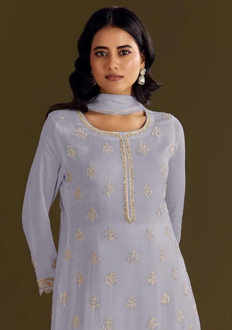 Grey Embroidered Chinon Salwar Suit - Indya