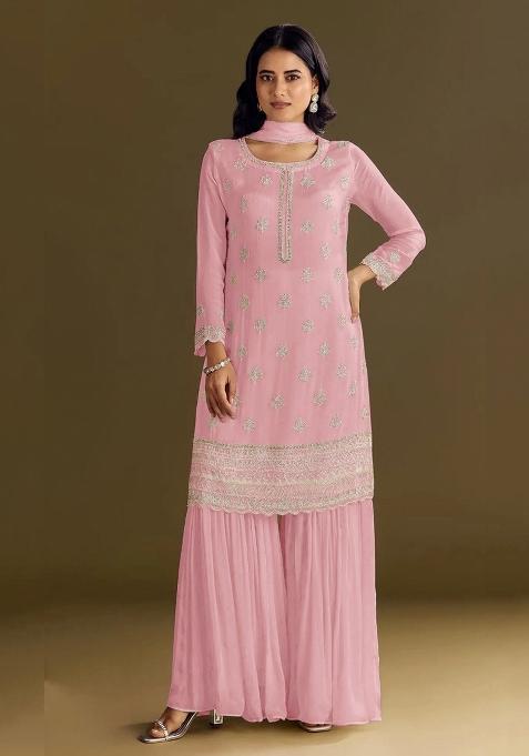 Baby Pink Embroidered Chinon Salwar Suit