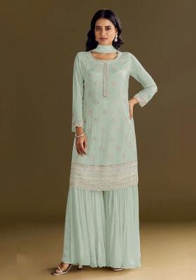 Pista Green Embroidered Chinon Salwar Suit