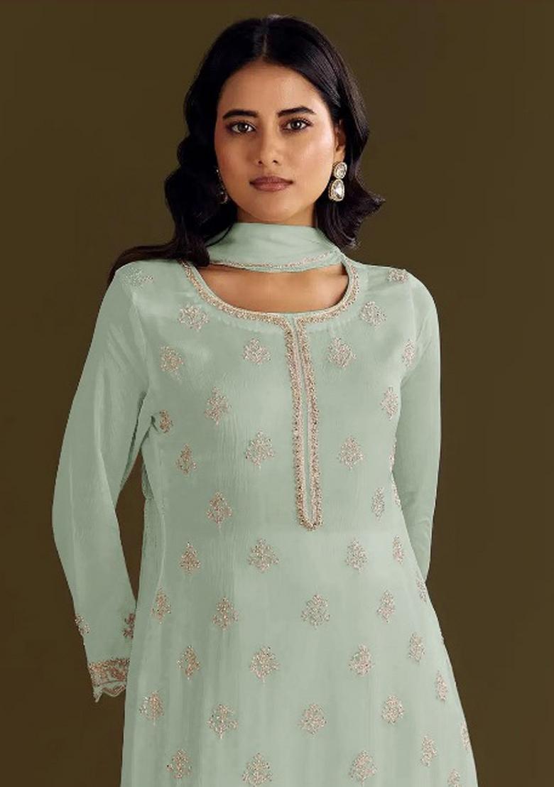 Pista Green Embroidered Chinon Salwar Suit - Indya