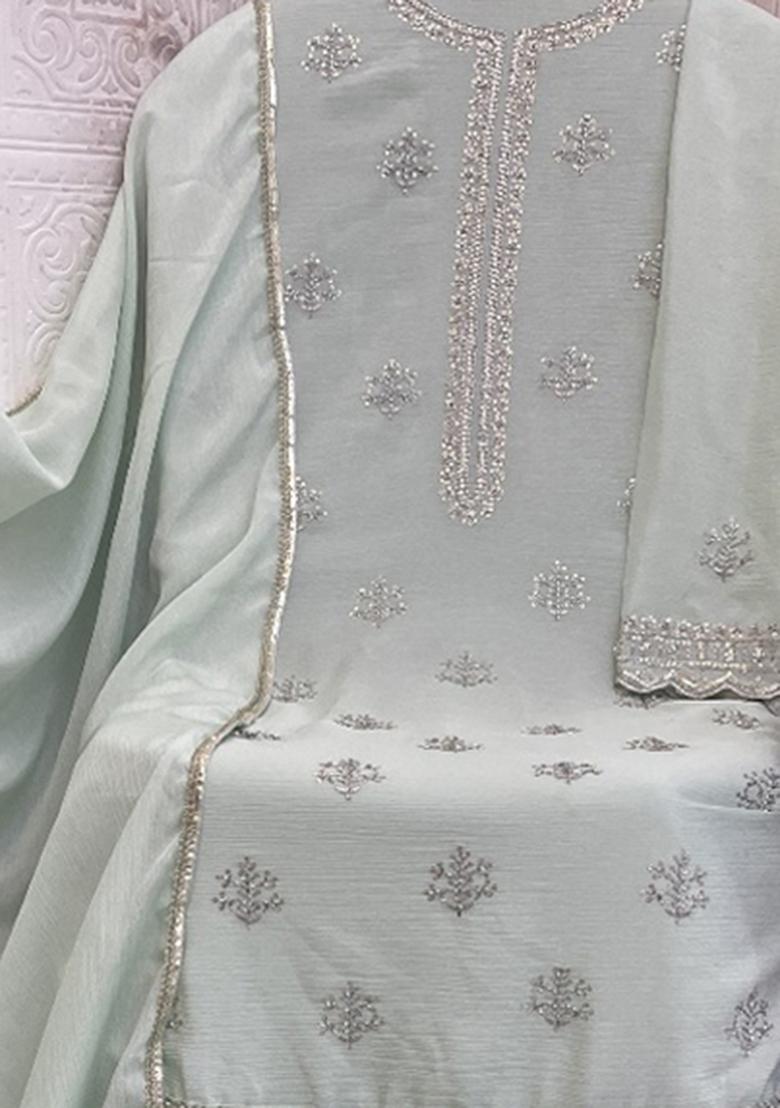 Pista Green Embroidered Chinon Salwar Suit