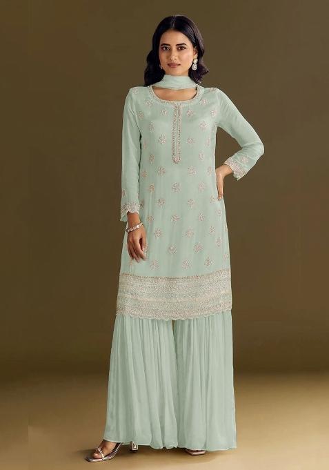 Pista Green Embroidered Chinon Salwar Suit
