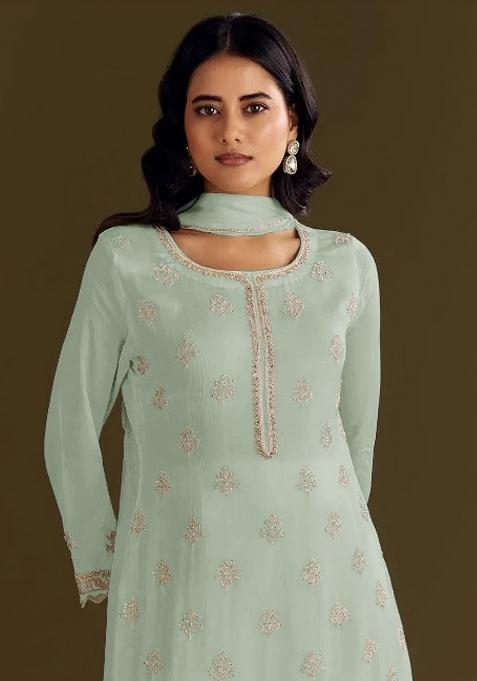 Pista Green Embroidered Chinon Salwar Suit