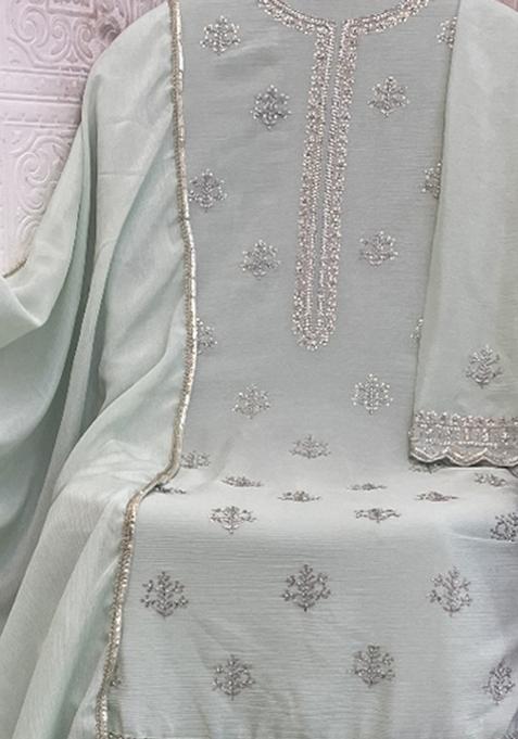 Pista Green Embroidered Chinon Salwar Suit