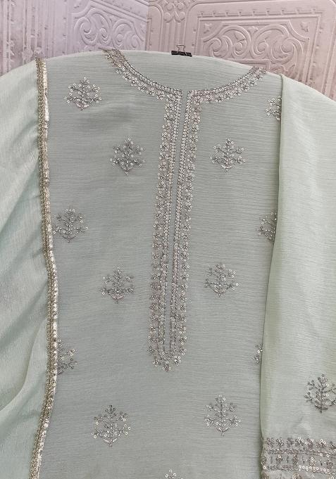 Pista Green Embroidered Chinon Salwar Suit