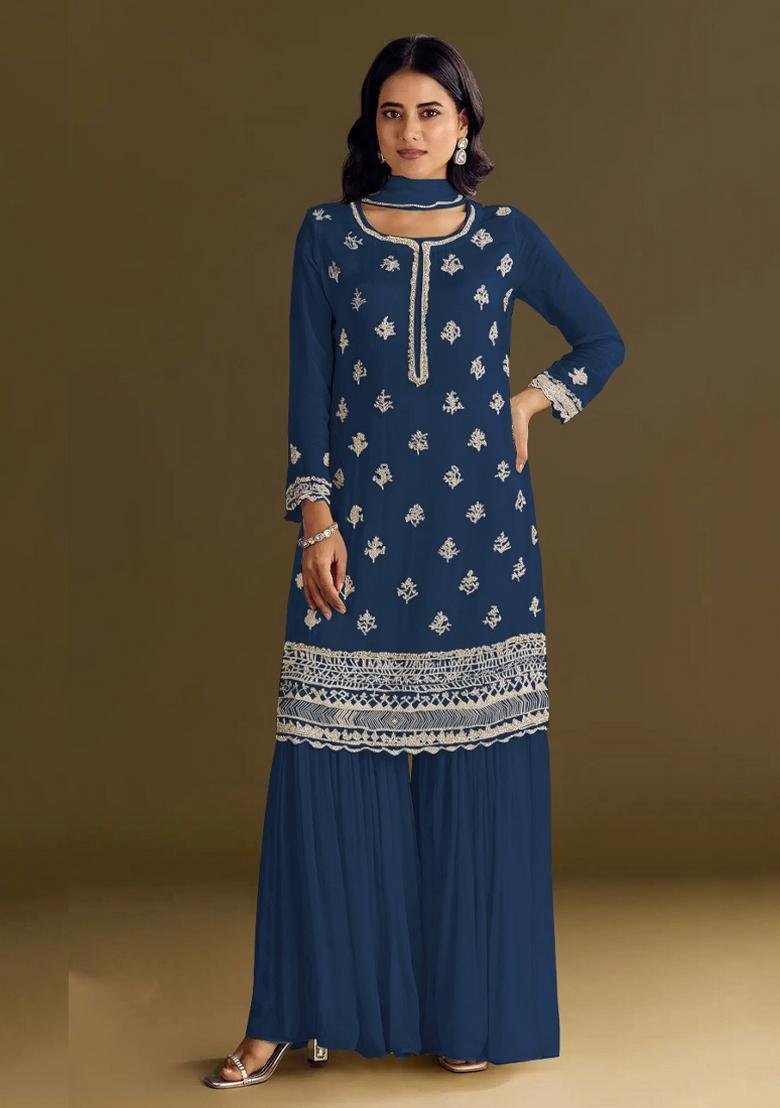 Blue Embroidered Chinon Salwar Suit