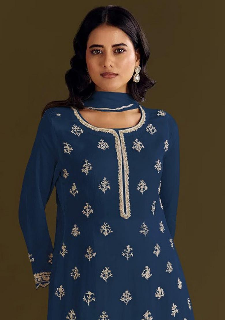 Blue Embroidered Chinon Salwar Suit - Indya