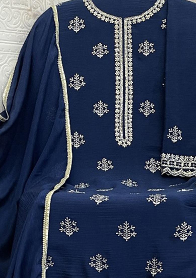 Blue Embroidered Chinon Salwar Suit
