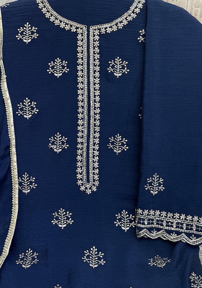 Blue Embroidered Chinon Salwar Suit - Indya