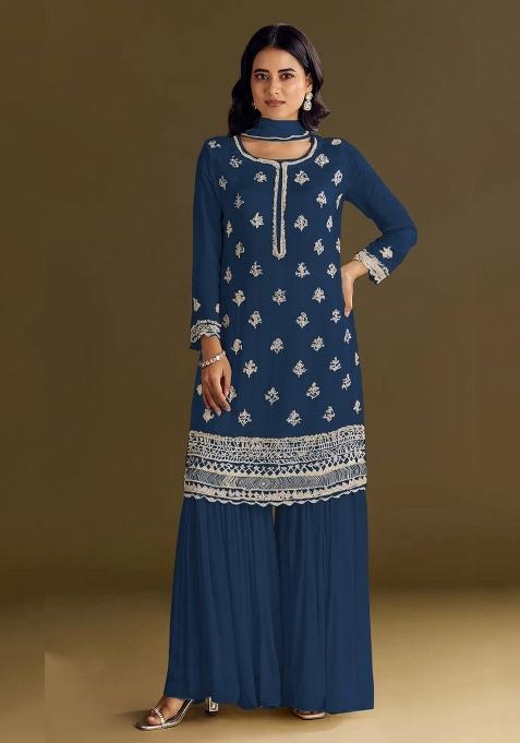 Blue Embroidered Chinon Salwar Suit