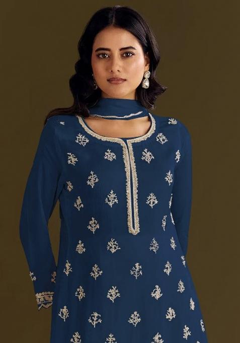 Blue Embroidered Chinon Salwar Suit