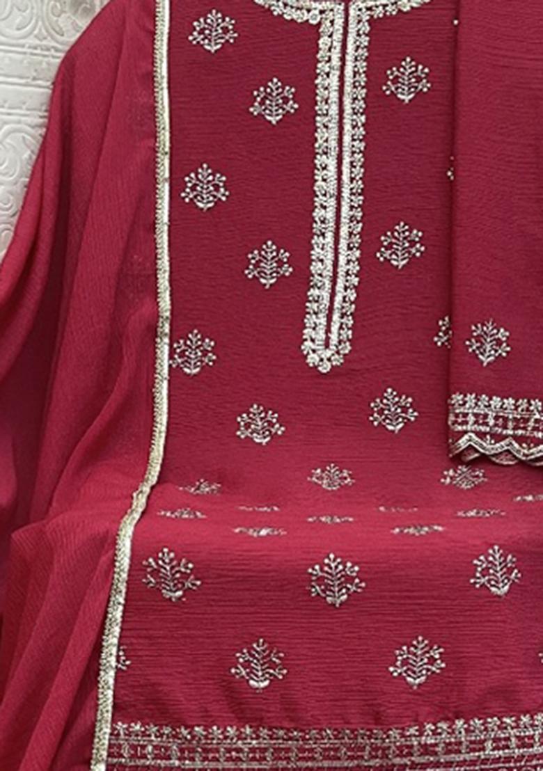Pink Embroidered Chinon Salwar Suit