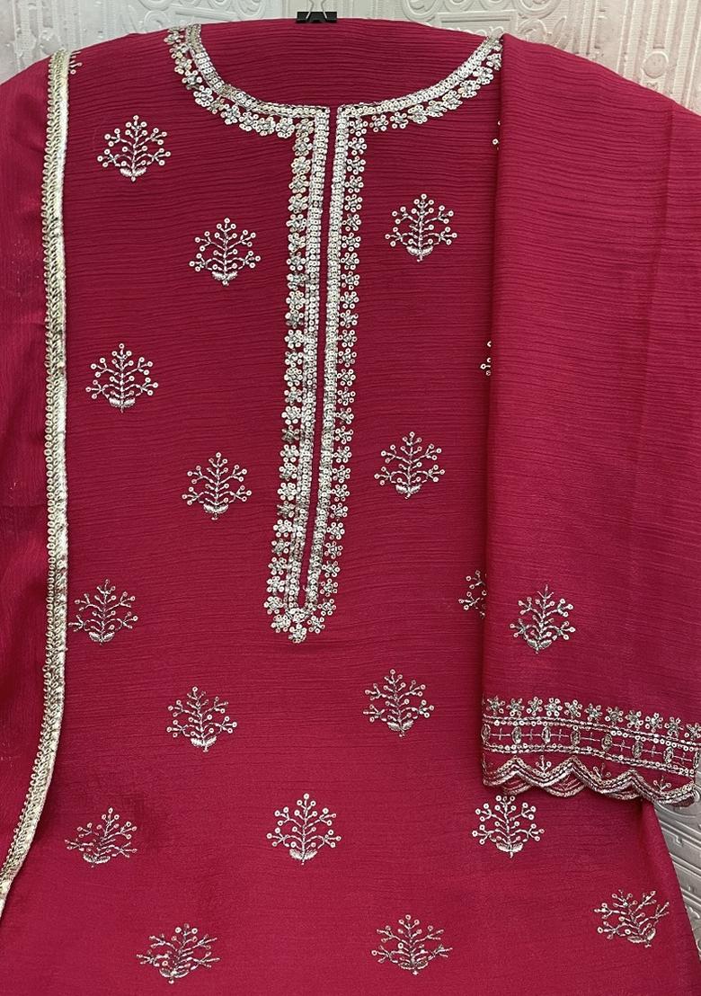 Pink Embroidered Chinon Salwar Suit - Indya