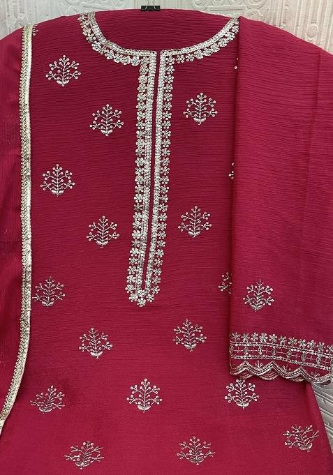 Pink Embroidered Chinon Salwar Suit