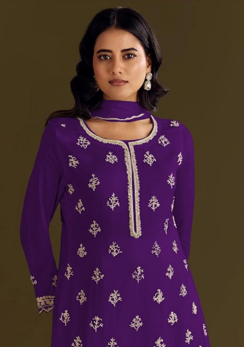 Purple Embroidered Chinon Salwar Suit - Indya