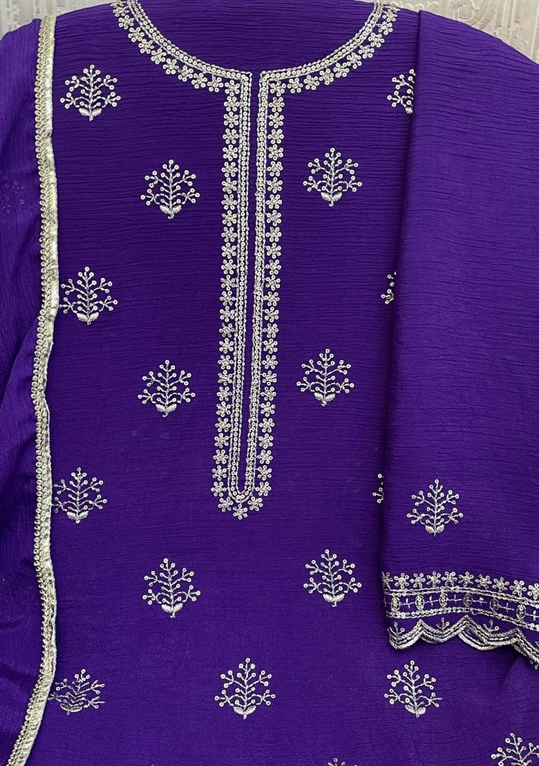 Purple Embroidered Chinon Salwar Suit - Indya