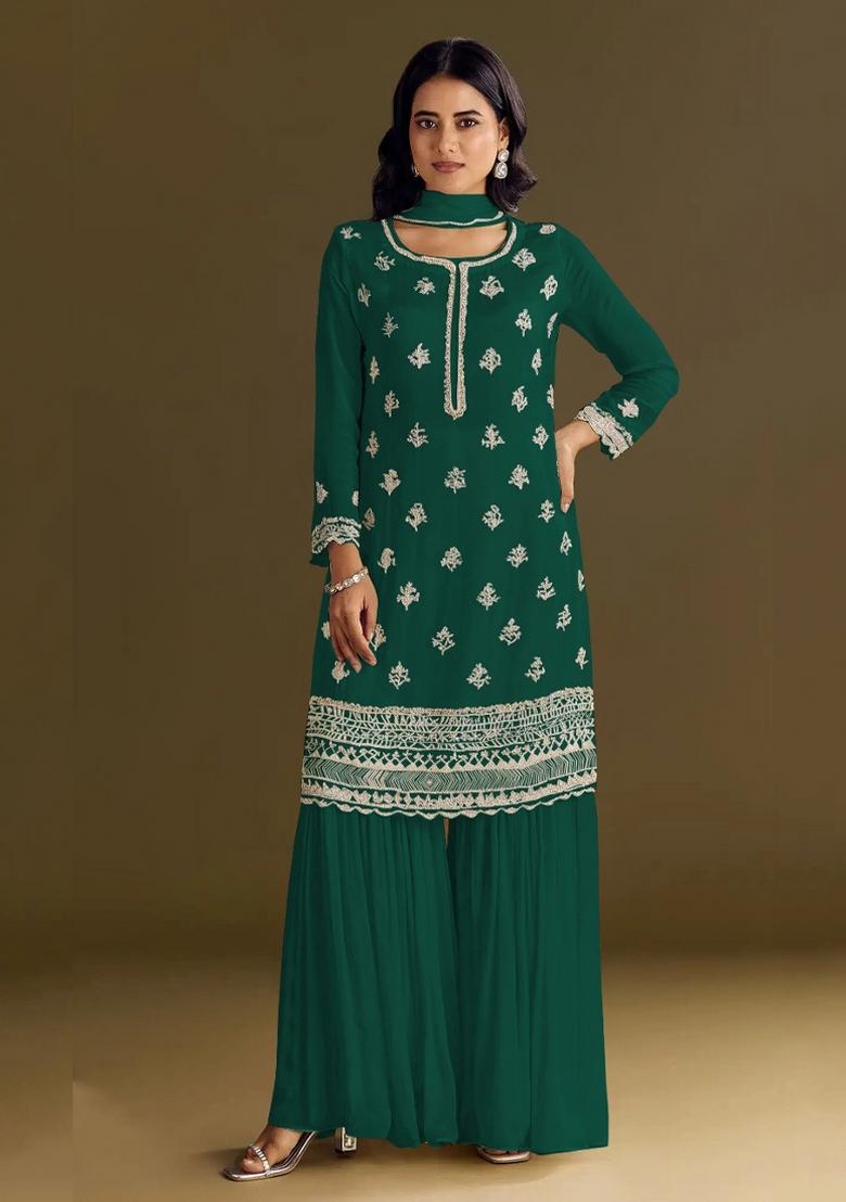 Green Embroidered Chinon Salwar Suit