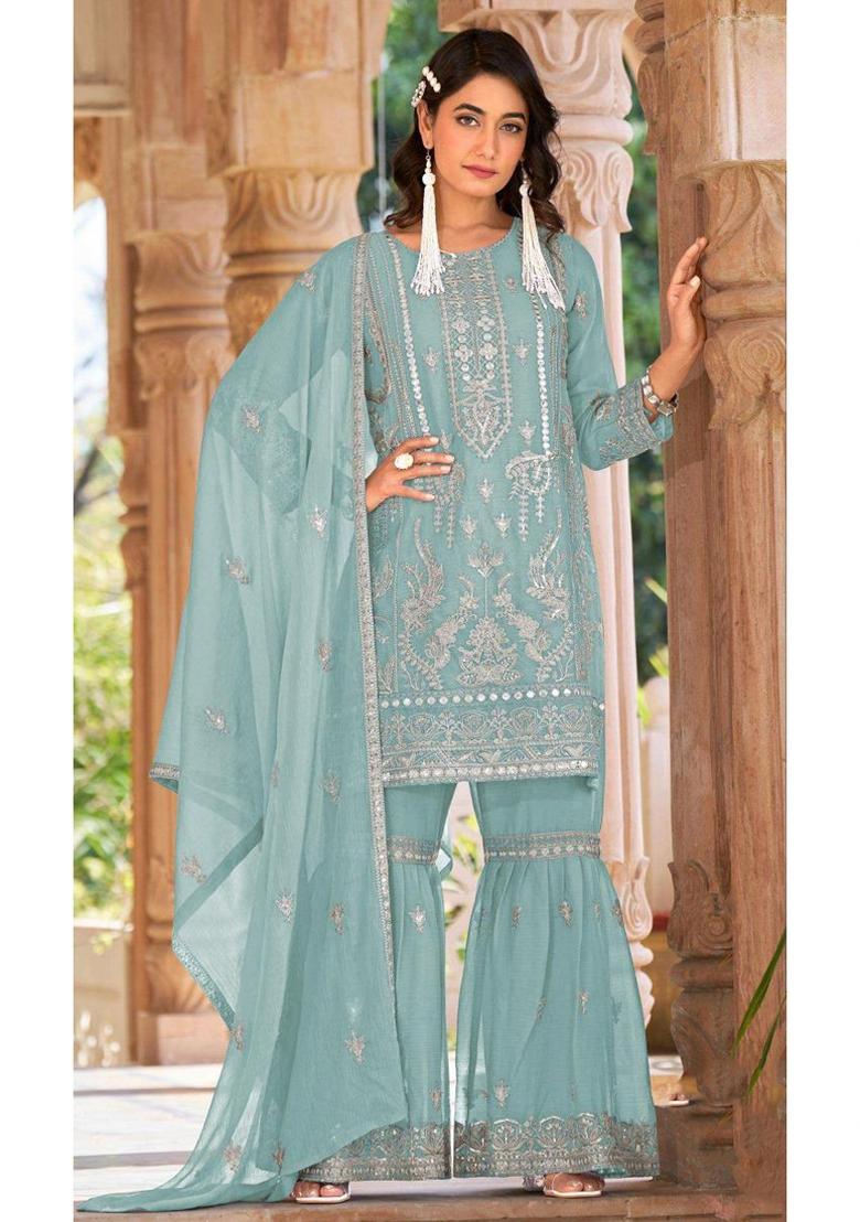 Sky Blue Embroidered Organza Salwar Suit