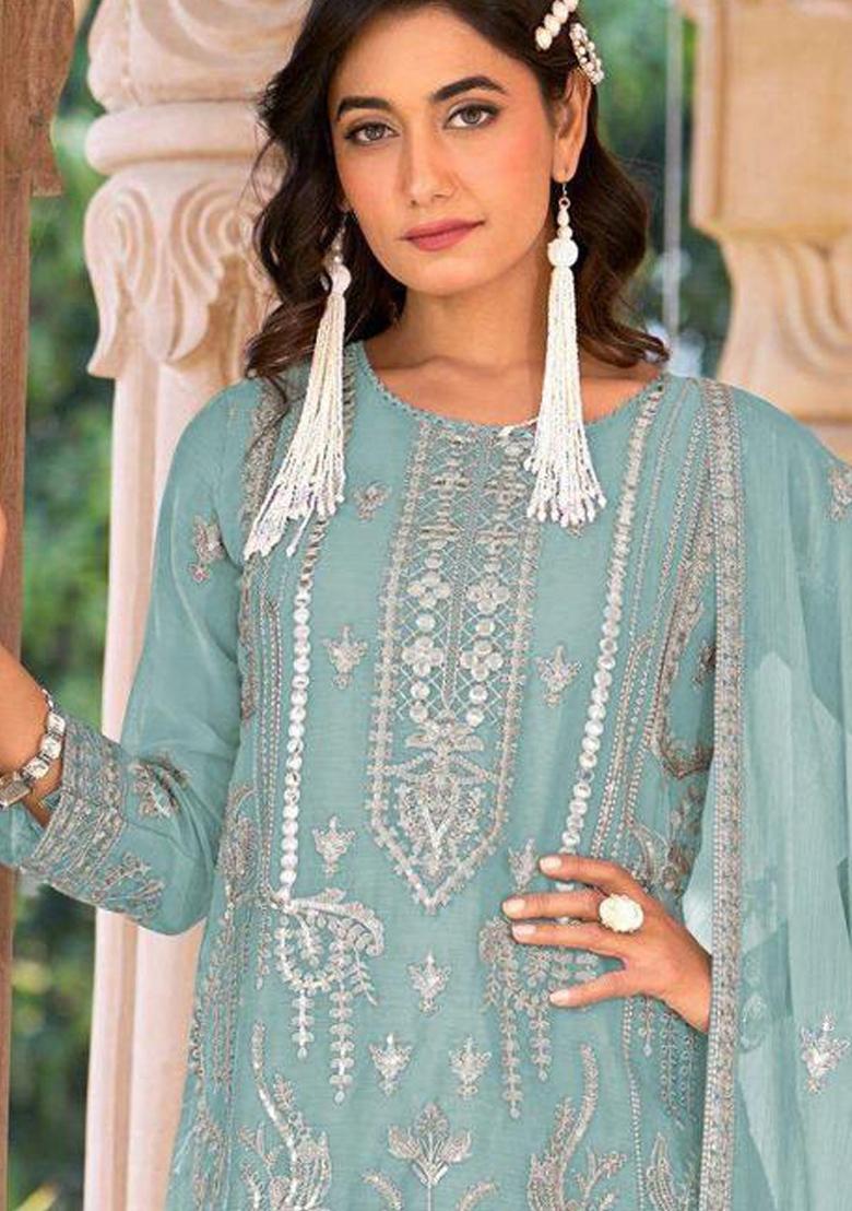 Sky Blue Embroidered Organza Salwar Suit - Indya