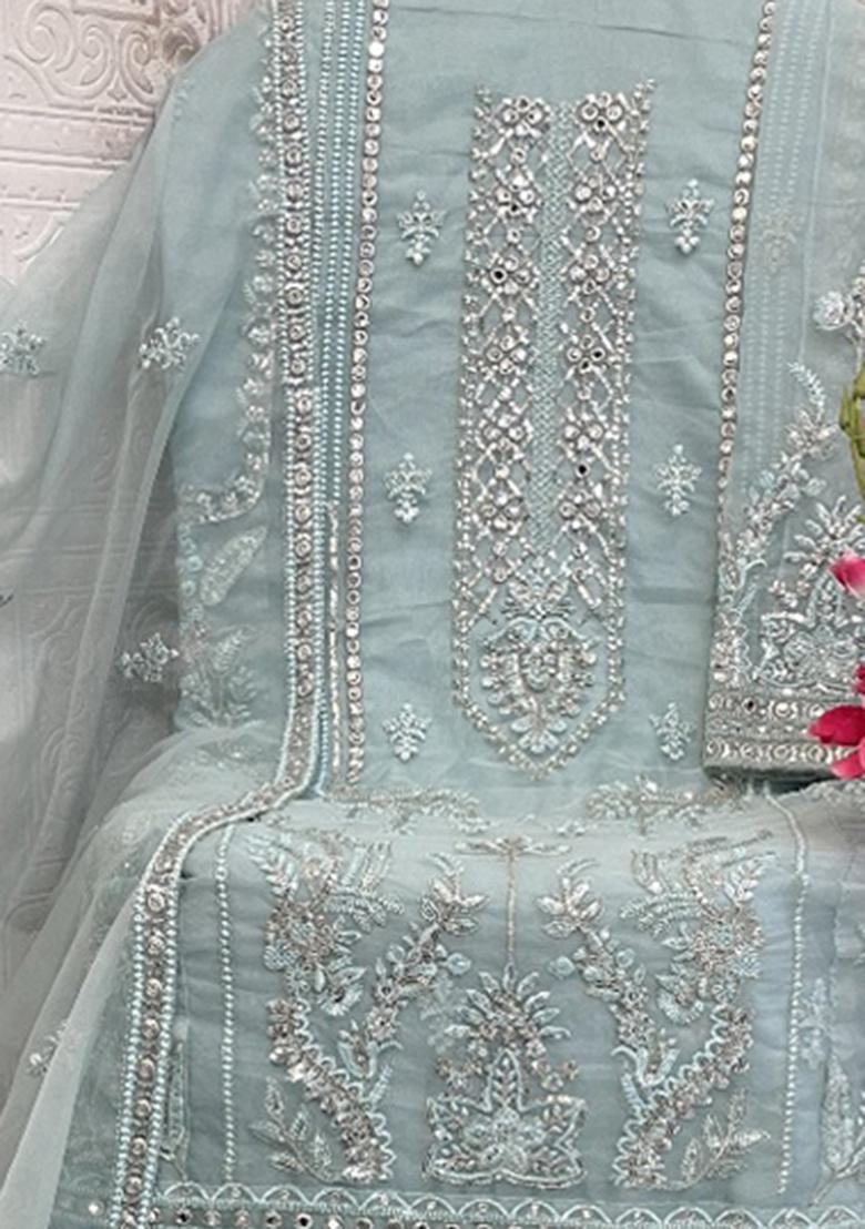 Sky Blue Embroidered Organza Salwar Suit