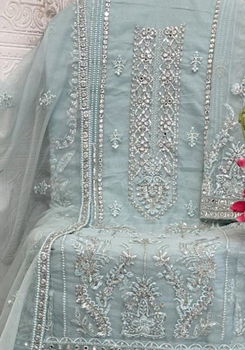 Sky Blue Embroidered Organza Salwar Suit