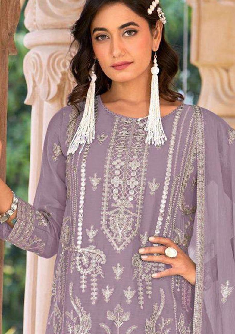 Lilac Embroidered Organza Salwar Suit - Indya
