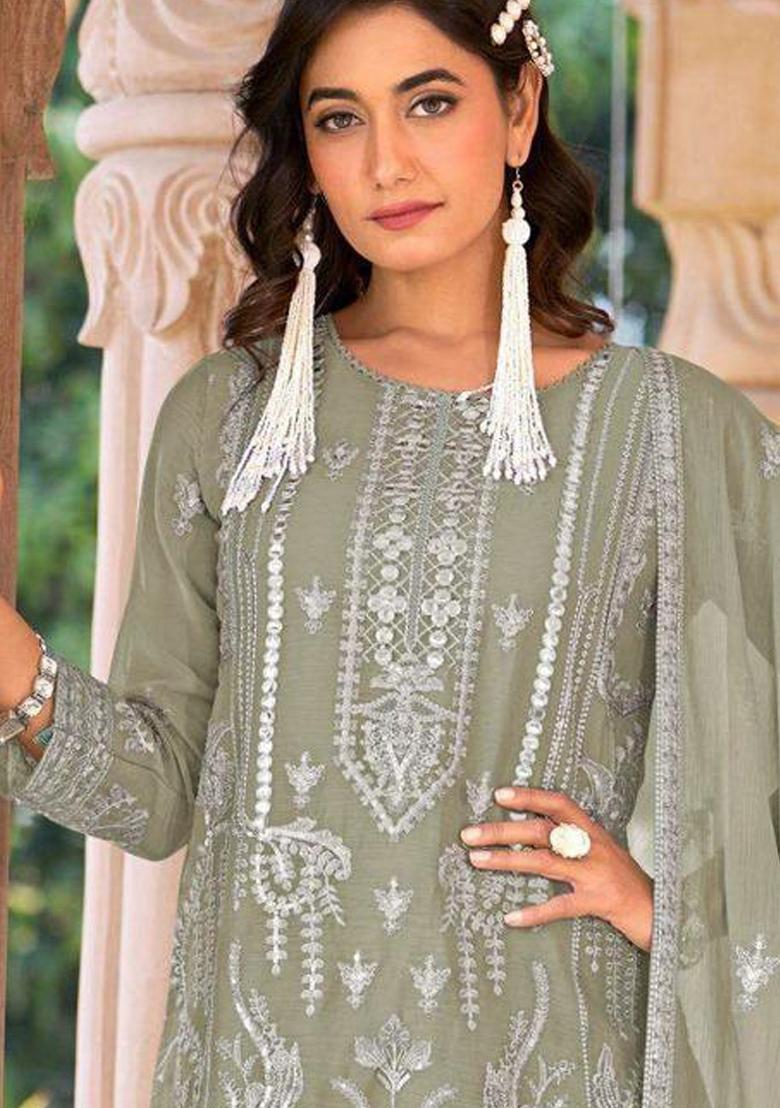 Grey Embroidered Organza Salwar Suit - Indya