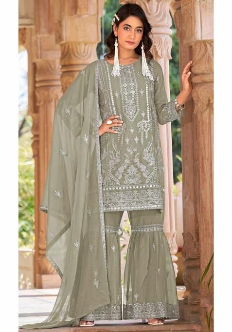 Grey Embroidered Organza Salwar Suit