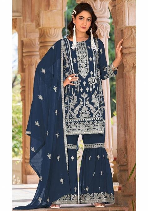 Blue Embroidered Organza Salwar Suit