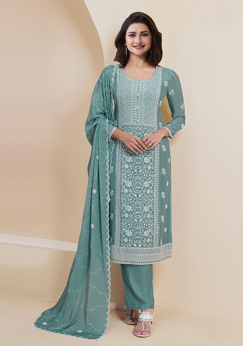 Light Teal Embroidered Silk Salwar Kameez With Dupatta - Indya