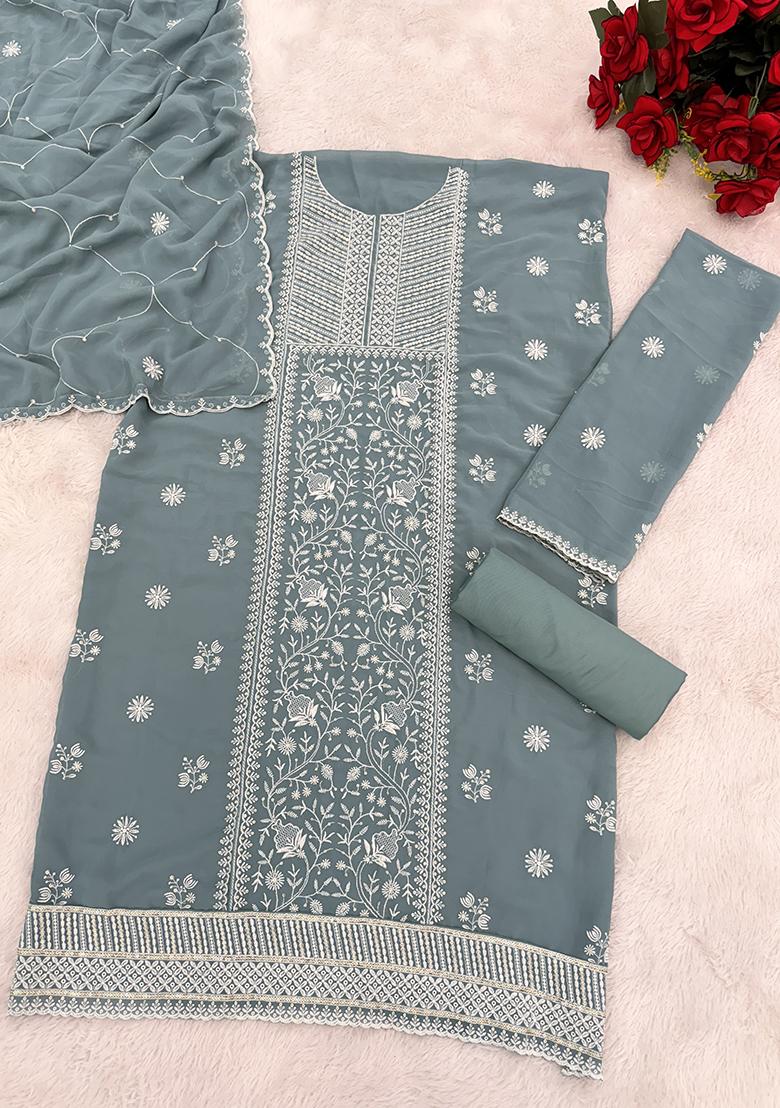 Light Teal Embroidered Silk Salwar Kameez With Dupatta - Indya