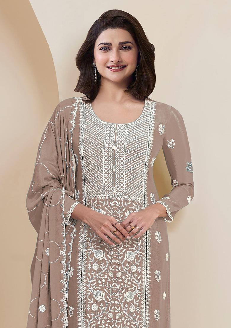 Brown Embroidered Silk Salwar Kameez With Dupatta - Indya
