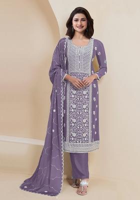 Lavender Embroidered Silk Salwar Kameez With Dupatta
