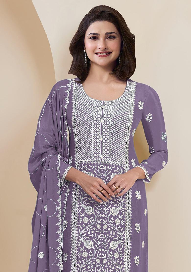 Lavender Embroidered Silk Salwar Kameez With Dupatta - Indya