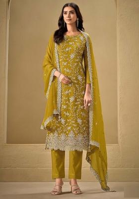 Mustard Embroidered Silk Salwar Kameez With Dupatta