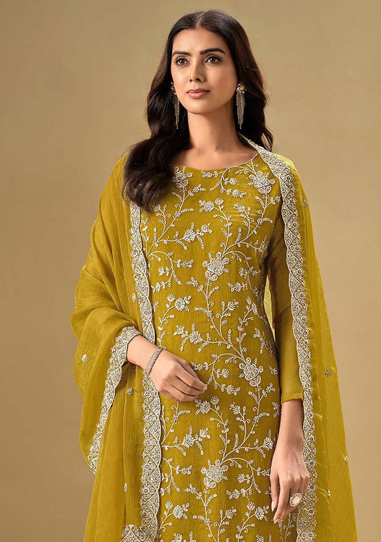 Mustard Embroidered Silk Salwar Kameez With Dupatta - Indya