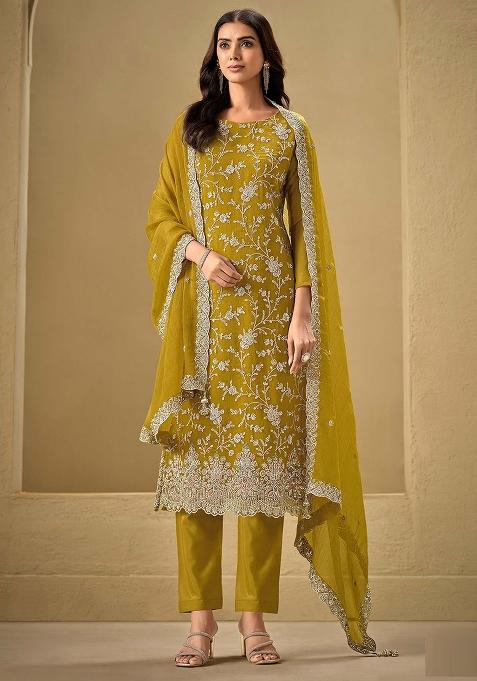 Mustard Embroidered Silk Salwar Kameez With Dupatta