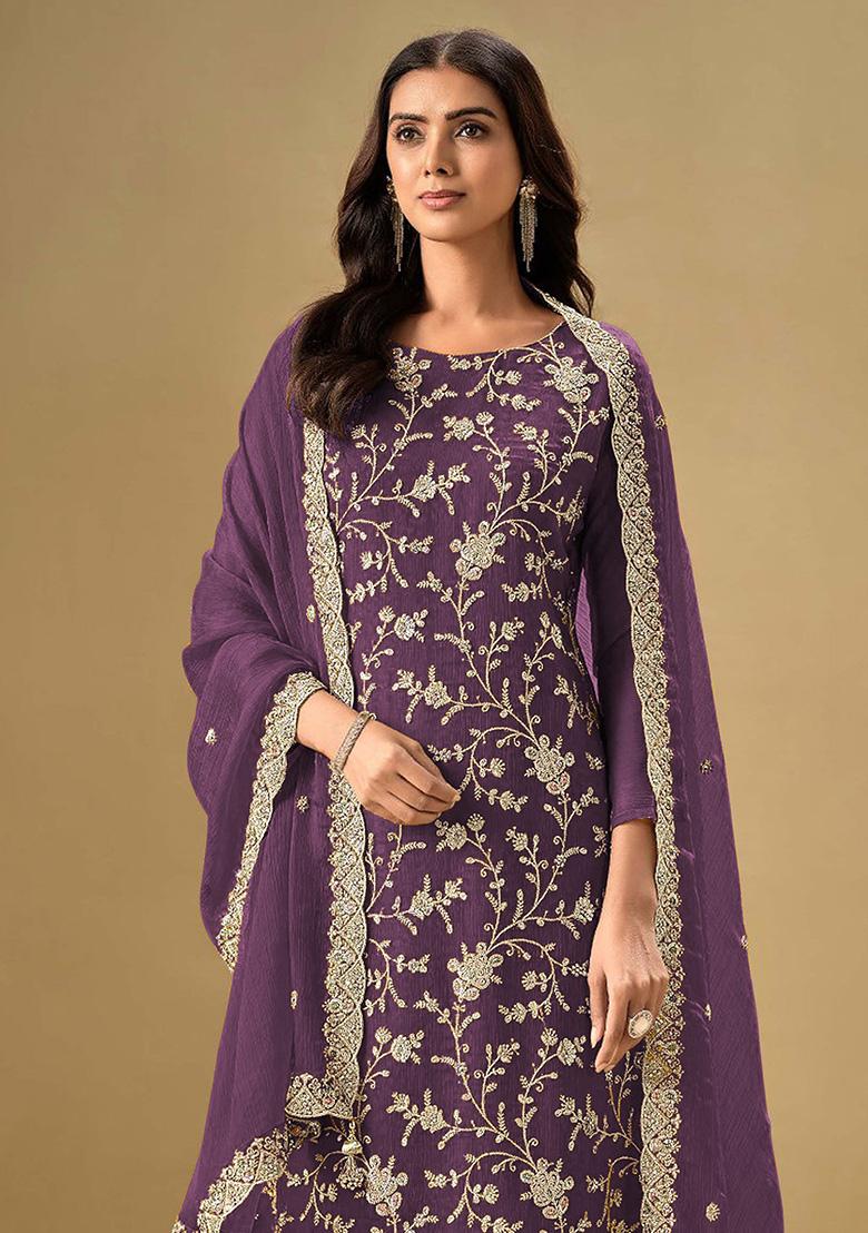 Purple Embroidered Silk Salwar Kameez With Dupatta - Indya