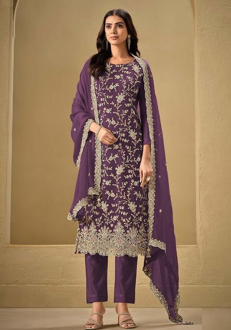 Purple Embroidered Silk Pakistani Suit Set