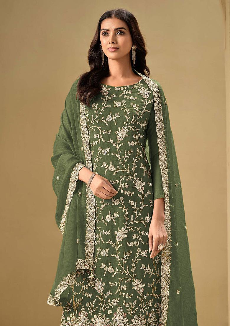 Mehendi Embroidered Silk Salwar Kameez With Dupatta - Indya