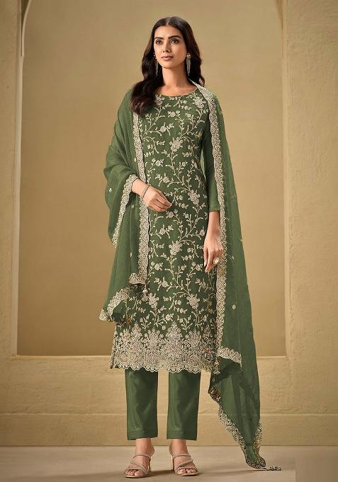 Mehendi Embroidered Silk Pakistani Suit Set