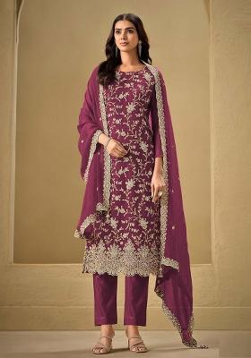 Maroon Embroidered Silk Salwar Kameez With Dupatta