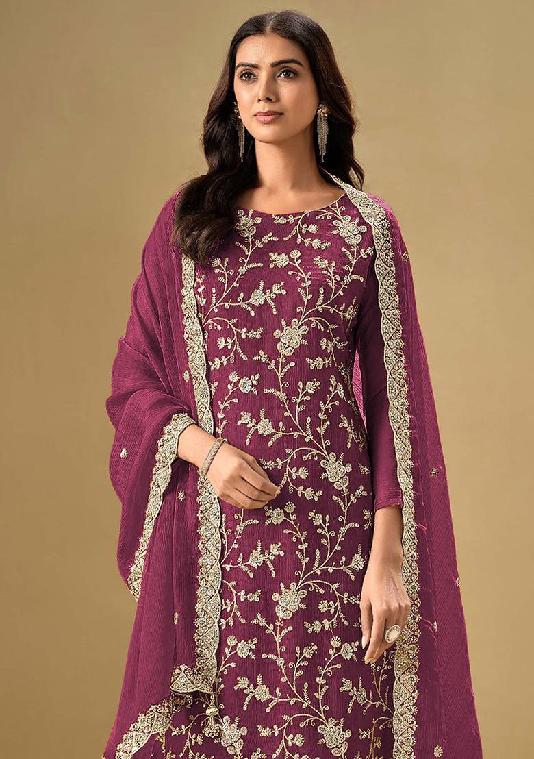 Maroon Embroidered Silk Salwar Kameez With Dupatta - Indya